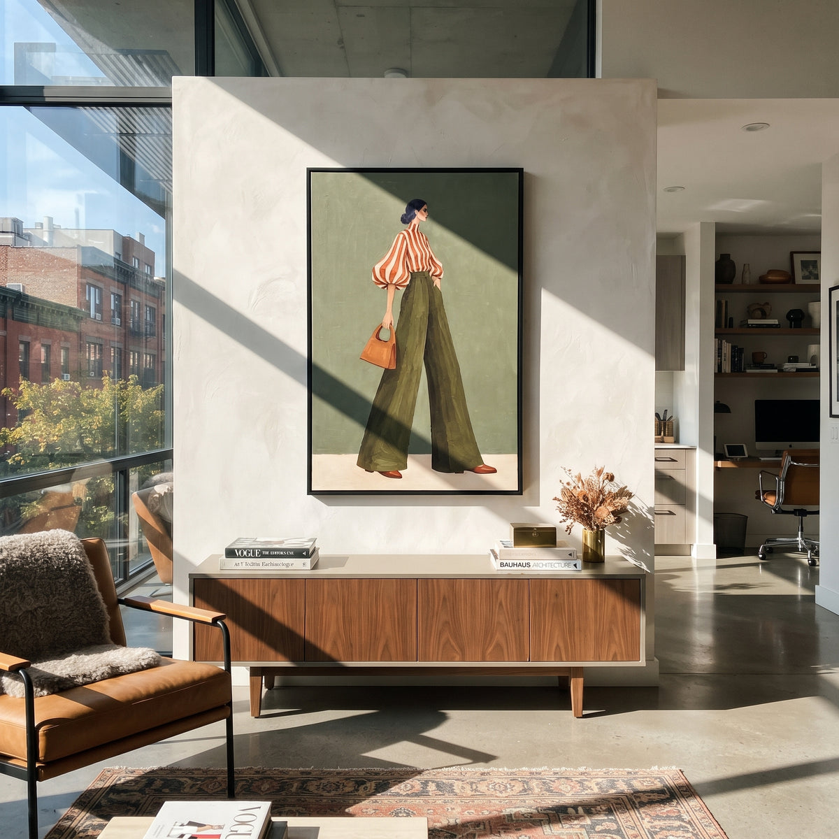 Olive Walk Red Stripes – mid-century woman painting displayed in a refined interior