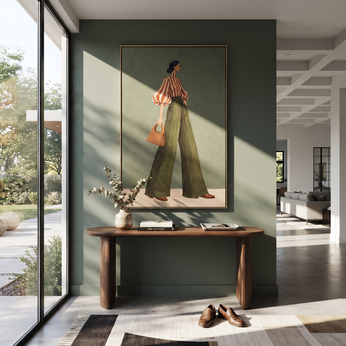 Olive Walk Red Stripes – textured vertical portrait presented in a coordinated room