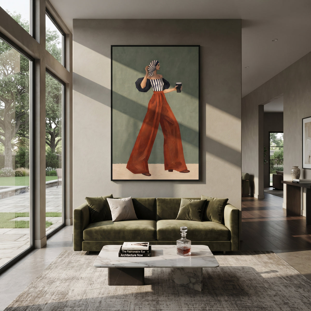 Scarlet Trousers Coffee Run – textured woman artwork shown in an alternate modern room