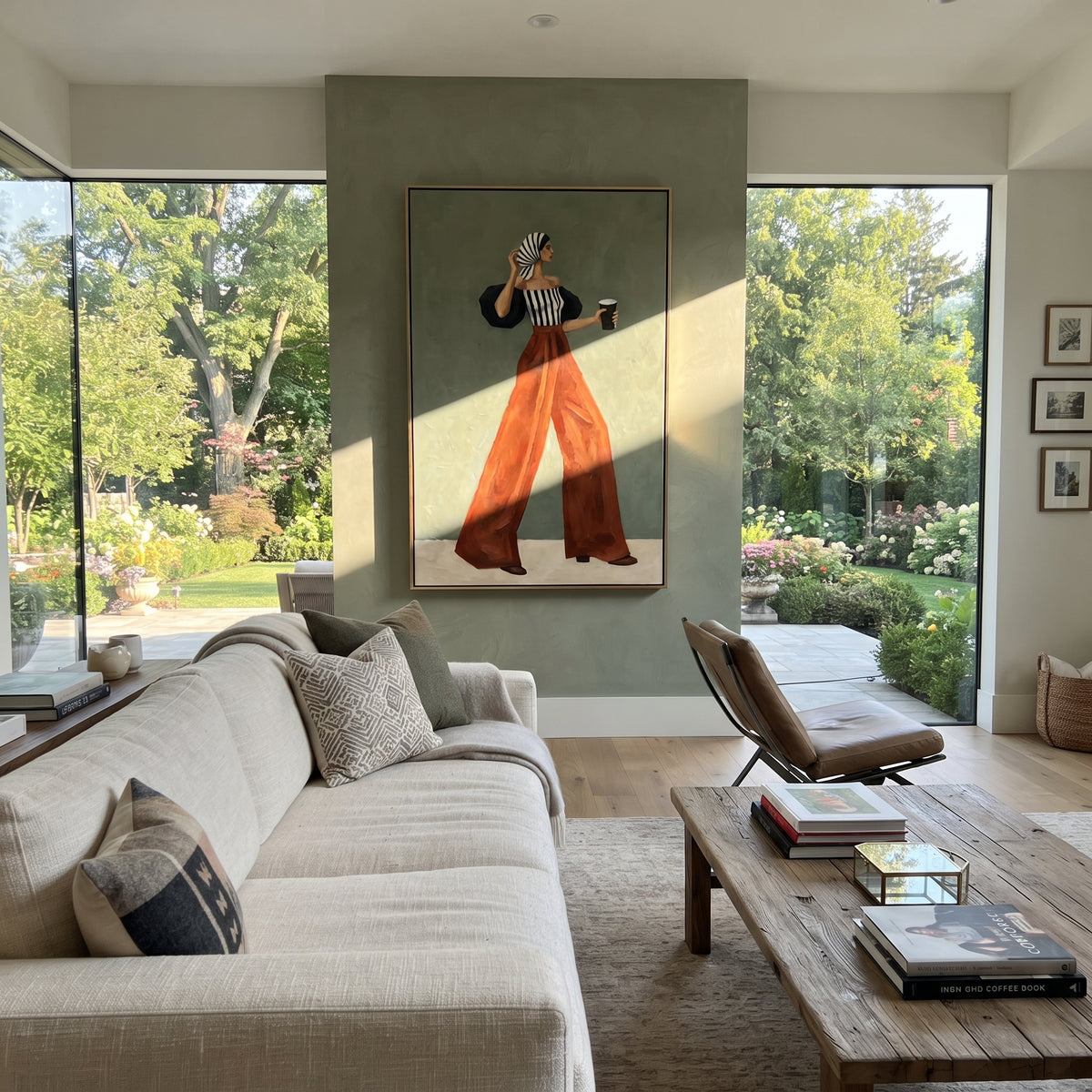 Scarlet Trousers Coffee Run – vertical fashion wall art styled with contemporary furnishings