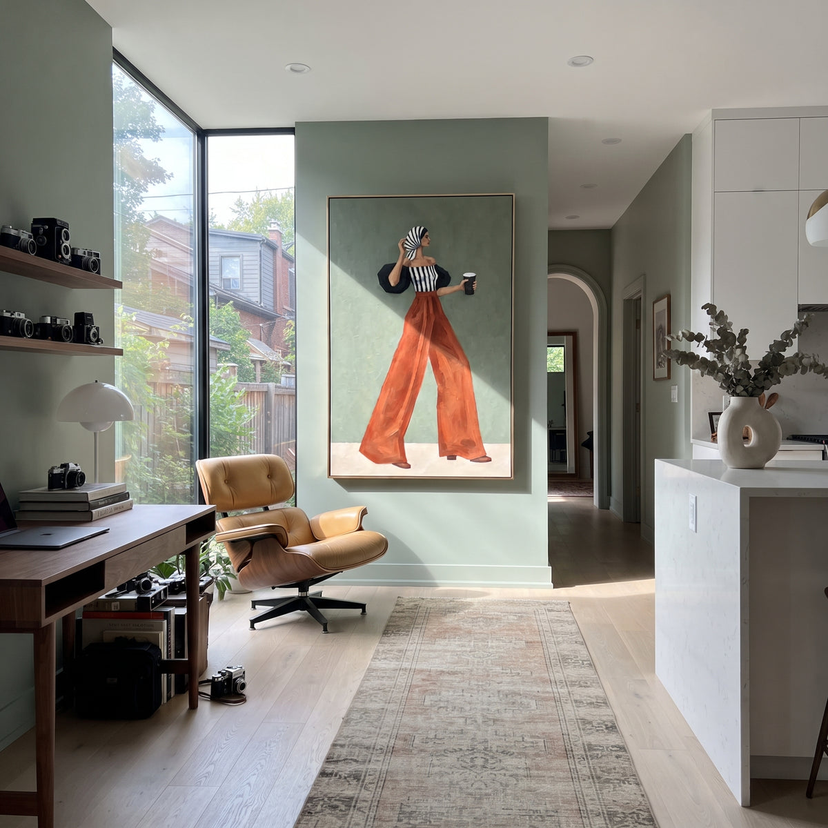 Scarlet Trousers Coffee Run – mid-century woman painting displayed in a refined interior