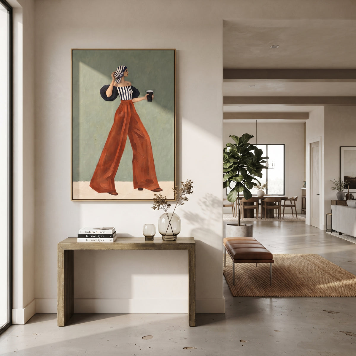 Scarlet Trousers Coffee Run – textured vertical portrait presented in a coordinated room