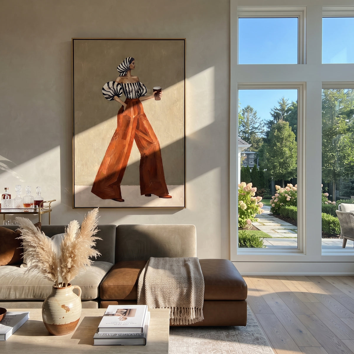 Espresso in Scarlet – textured woman artwork shown in an alternate modern room
