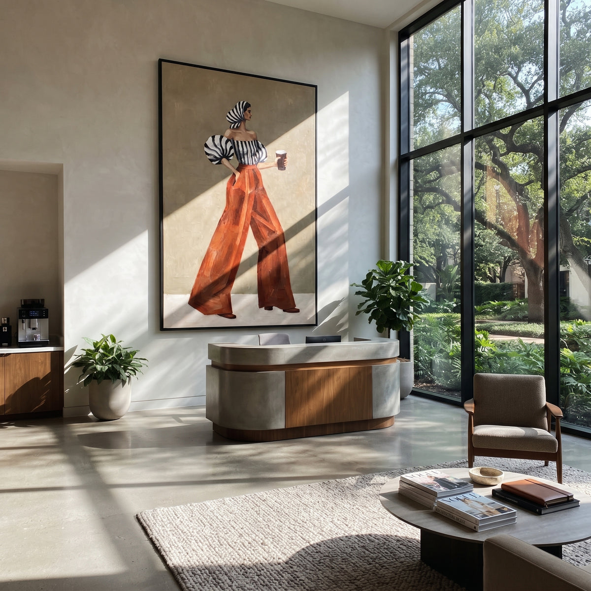 Espresso in Scarlet – vertical fashion wall art styled with contemporary furnishings