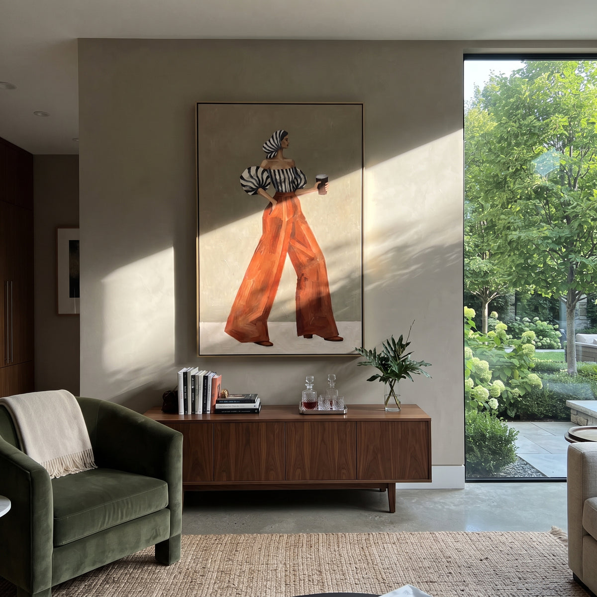 Espresso in Scarlet – mid-century woman painting displayed in a refined interior