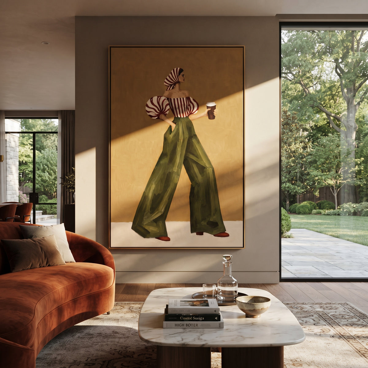 Mustard Wall Green Stride – woman in a red-and-ivory striped blouse and head wrap, olive trousers, and a dark takeaway cup, displayed in a styled contemporary interior