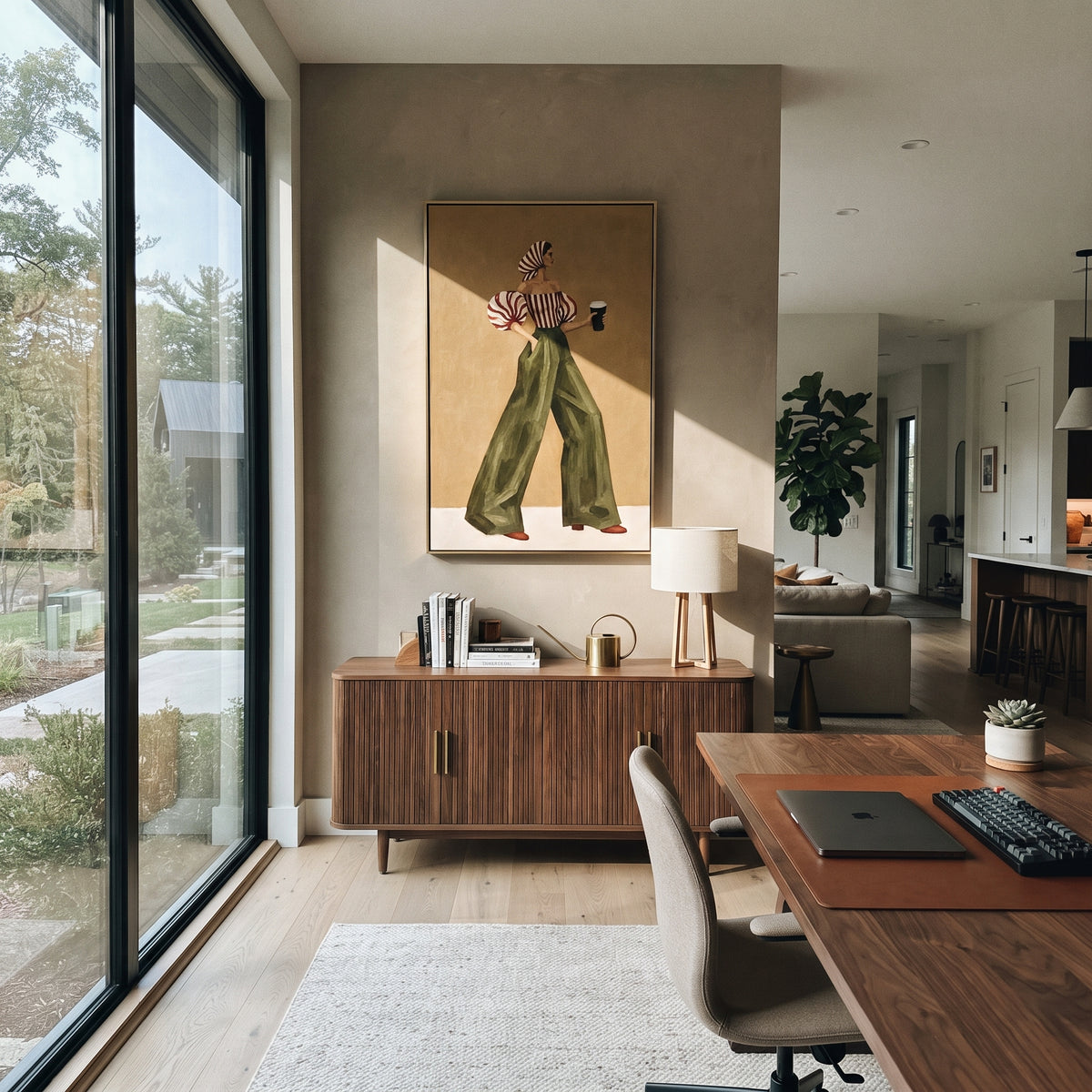 Mustard Wall Green Stride – textured woman artwork shown in an alternate modern room