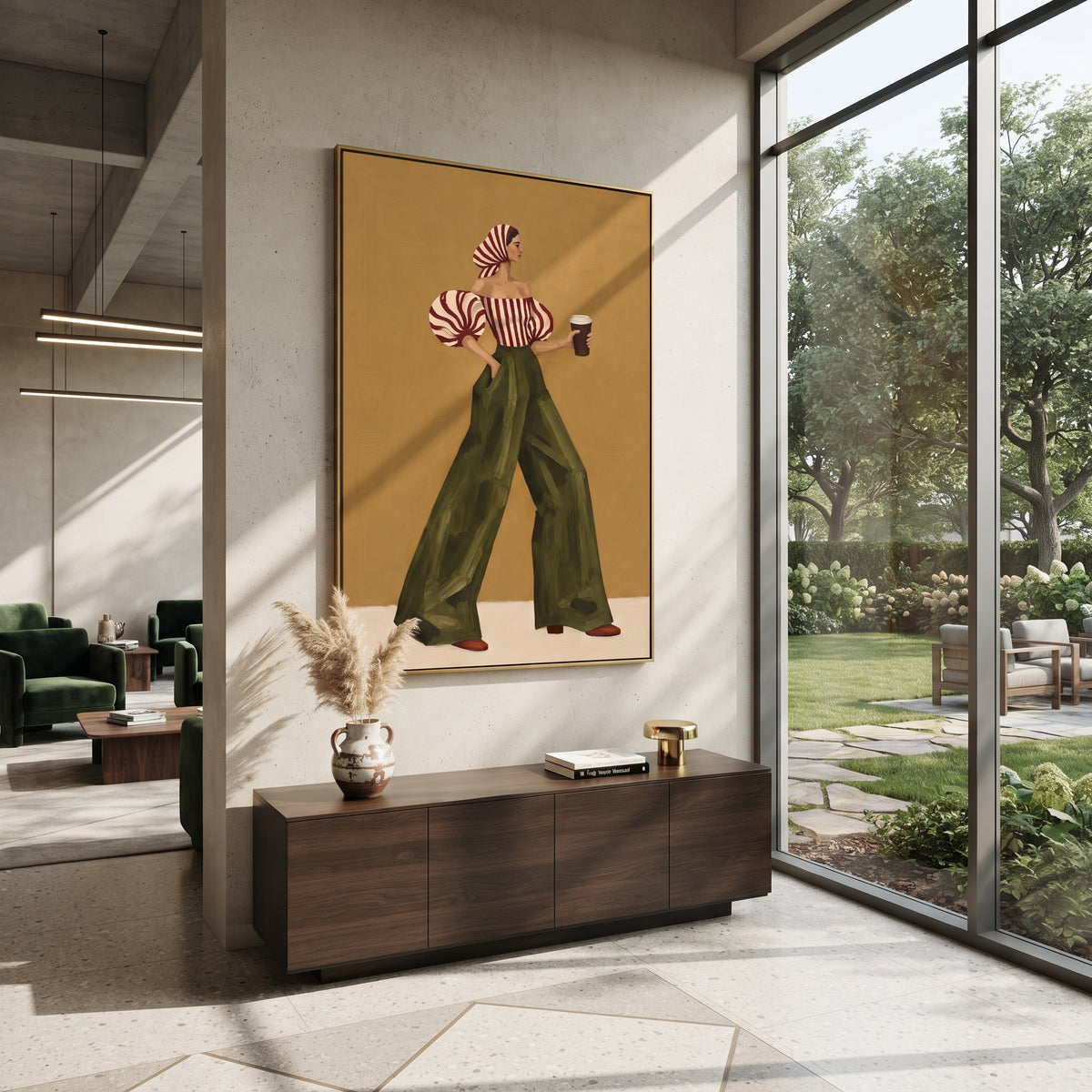 Mustard Wall Green Stride – mid-century woman painting displayed in a refined interior