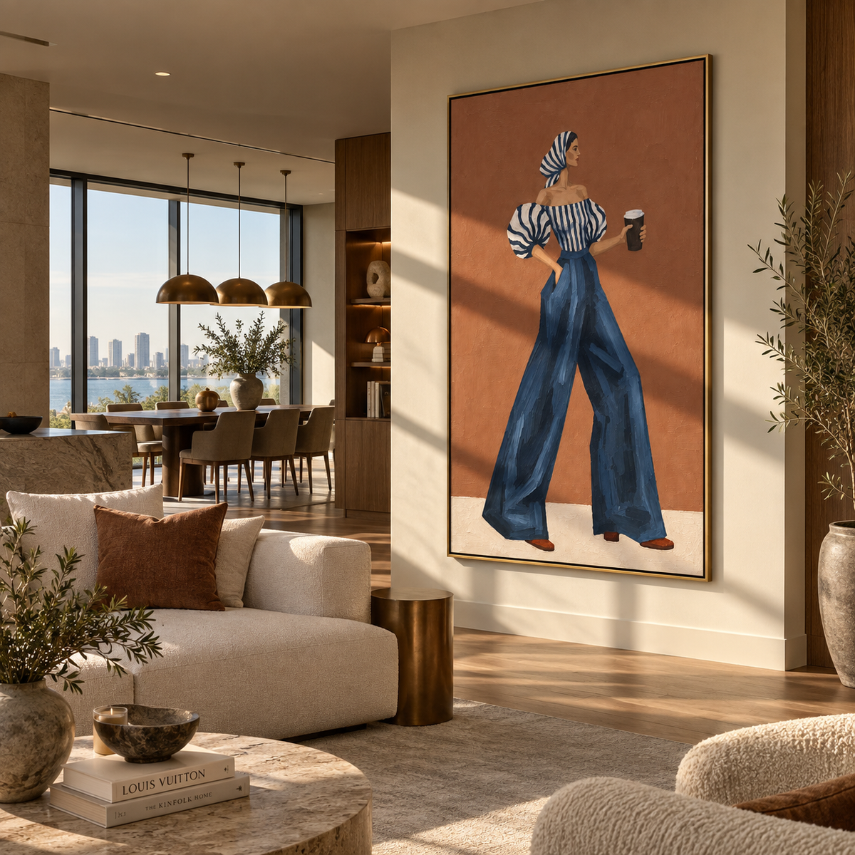 Blue Stripes Terracotta Hour – woman in a blue-and-white striped puff blouse and matching head wrap holding a dark cup above flowing navy trousers, displayed in a styled contemporary interior