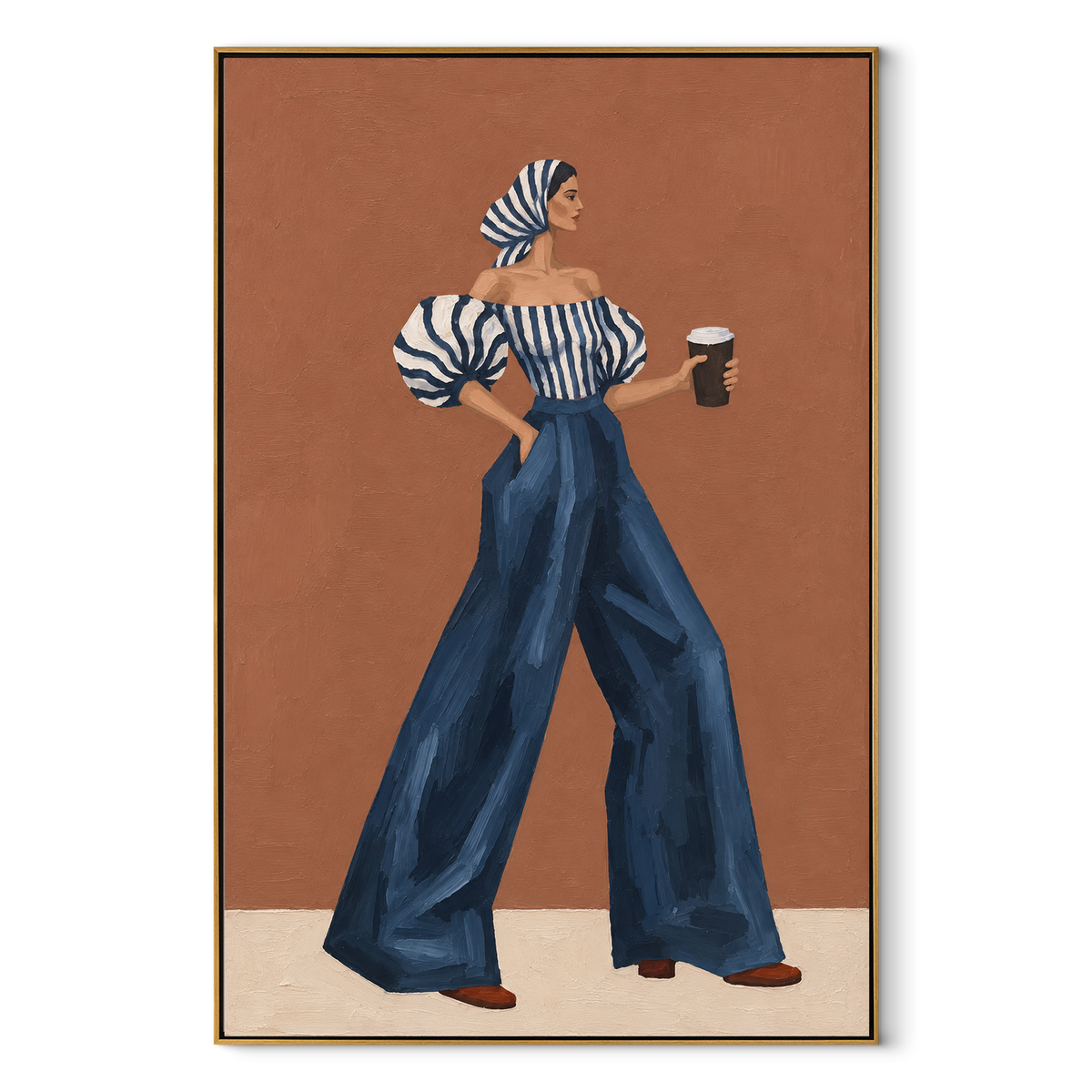 Blue Stripes Terracotta Hour – vertical retro fashion painting in a wood frame on white