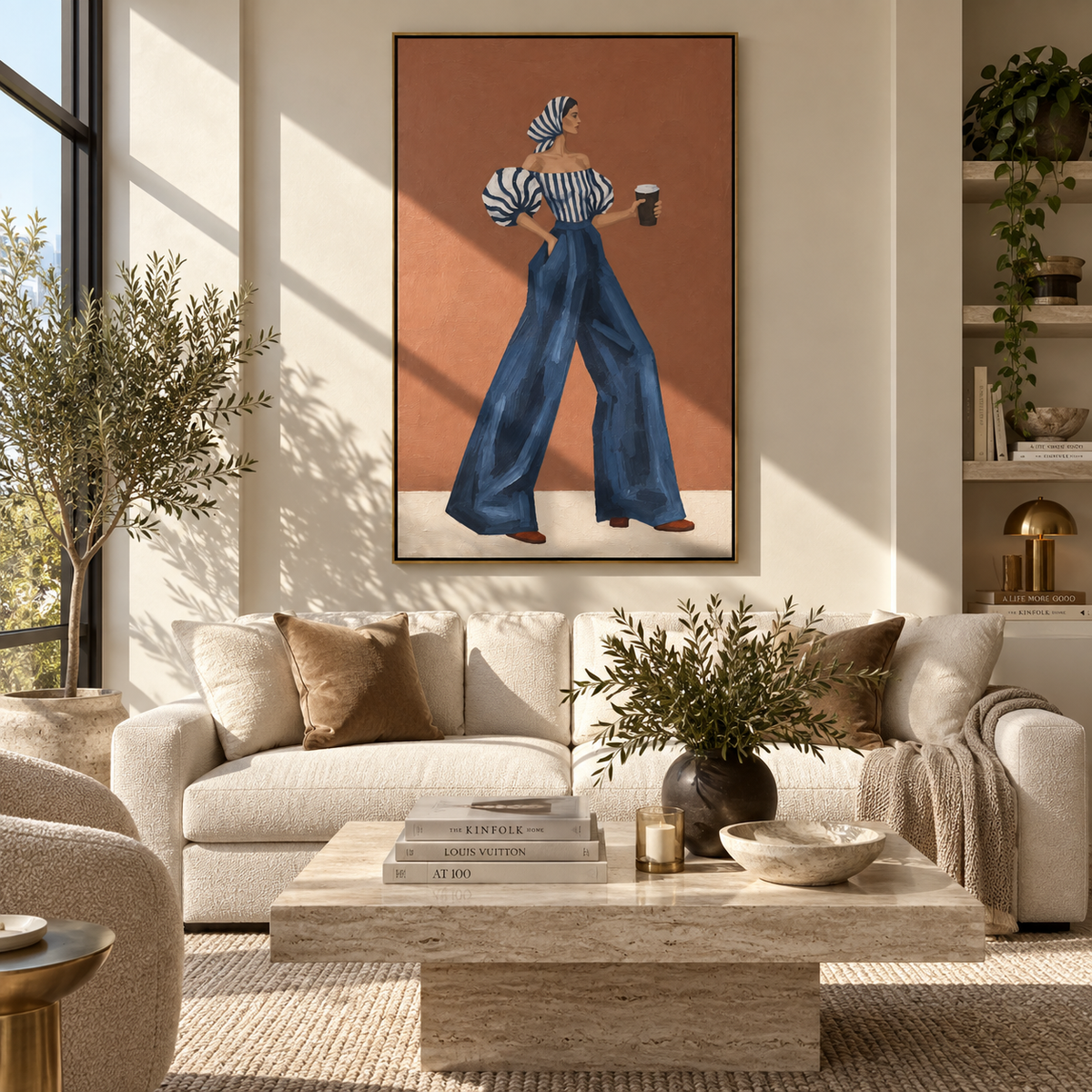 Blue Stripes Terracotta Hour – textured woman artwork shown in an alternate modern room
