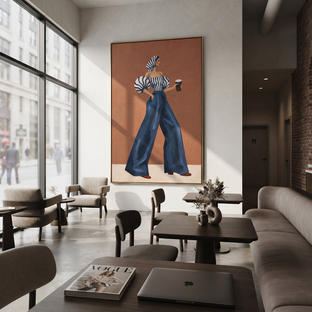 Blue Stripes Terracotta Hour – mid-century woman painting displayed in a refined interior