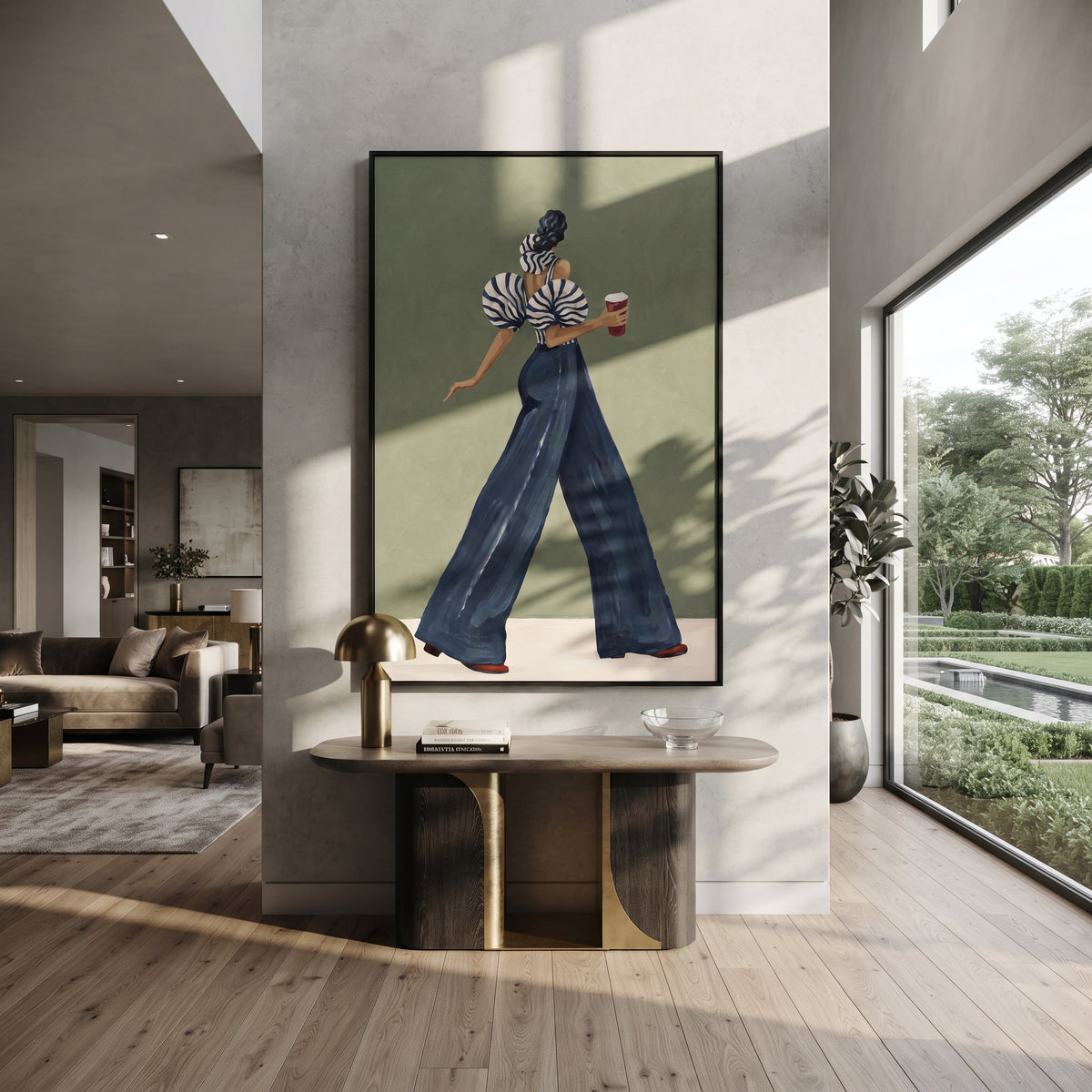 Sage Morning Blue Stripes – woman in a striped head wrap and puff-sleeve blouse walking in deep blue trousers with a red coffee cup, displayed in a styled contemporary interior
