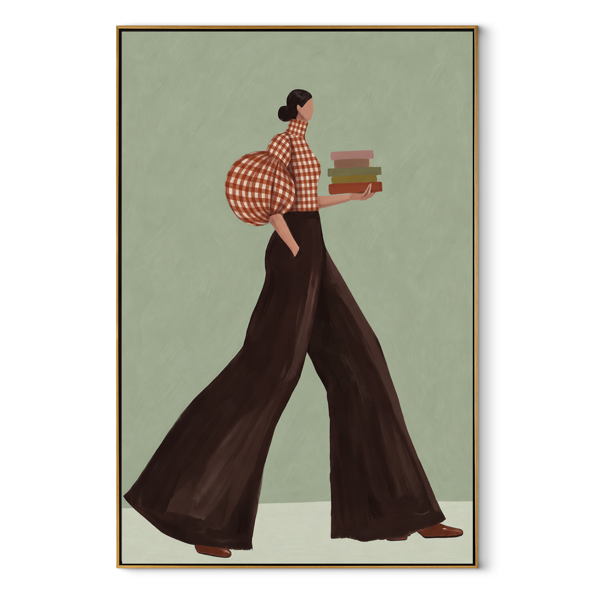 Books Across Sage – vertical retro fashion painting in a wood frame on white