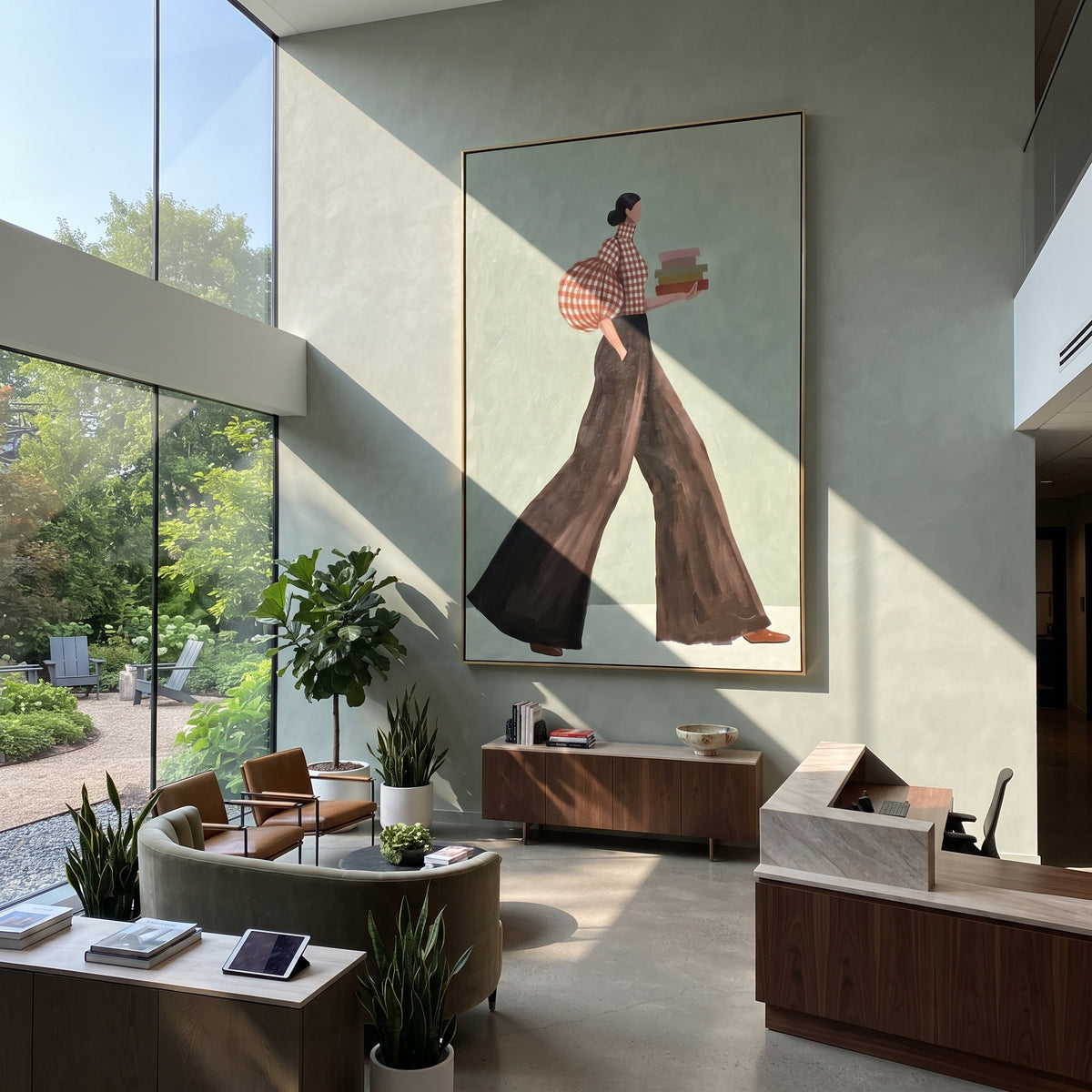 Books Across Sage – textured woman artwork shown in an alternate modern room