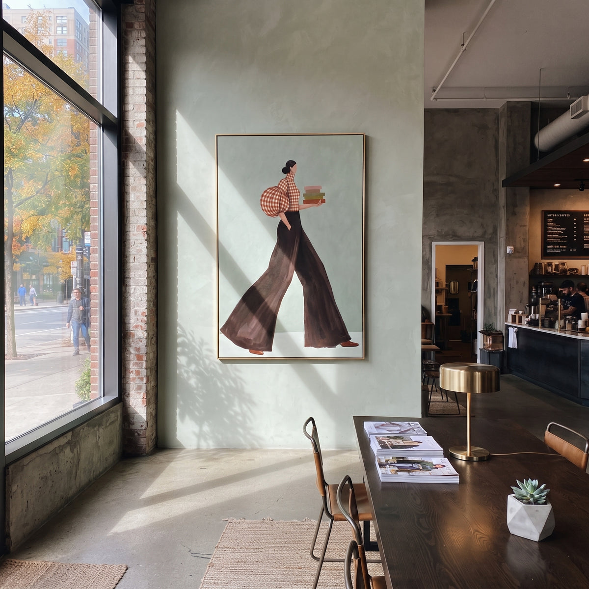 Books Across Sage – mid-century woman painting displayed in a refined interior