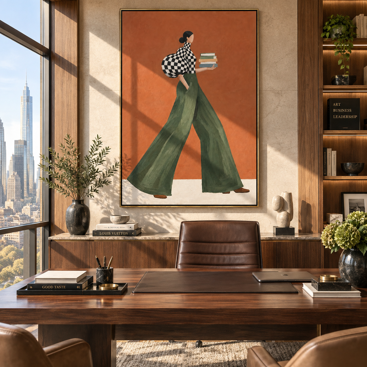 Checkered Books at Sunset – textured woman artwork shown in an alternate modern room