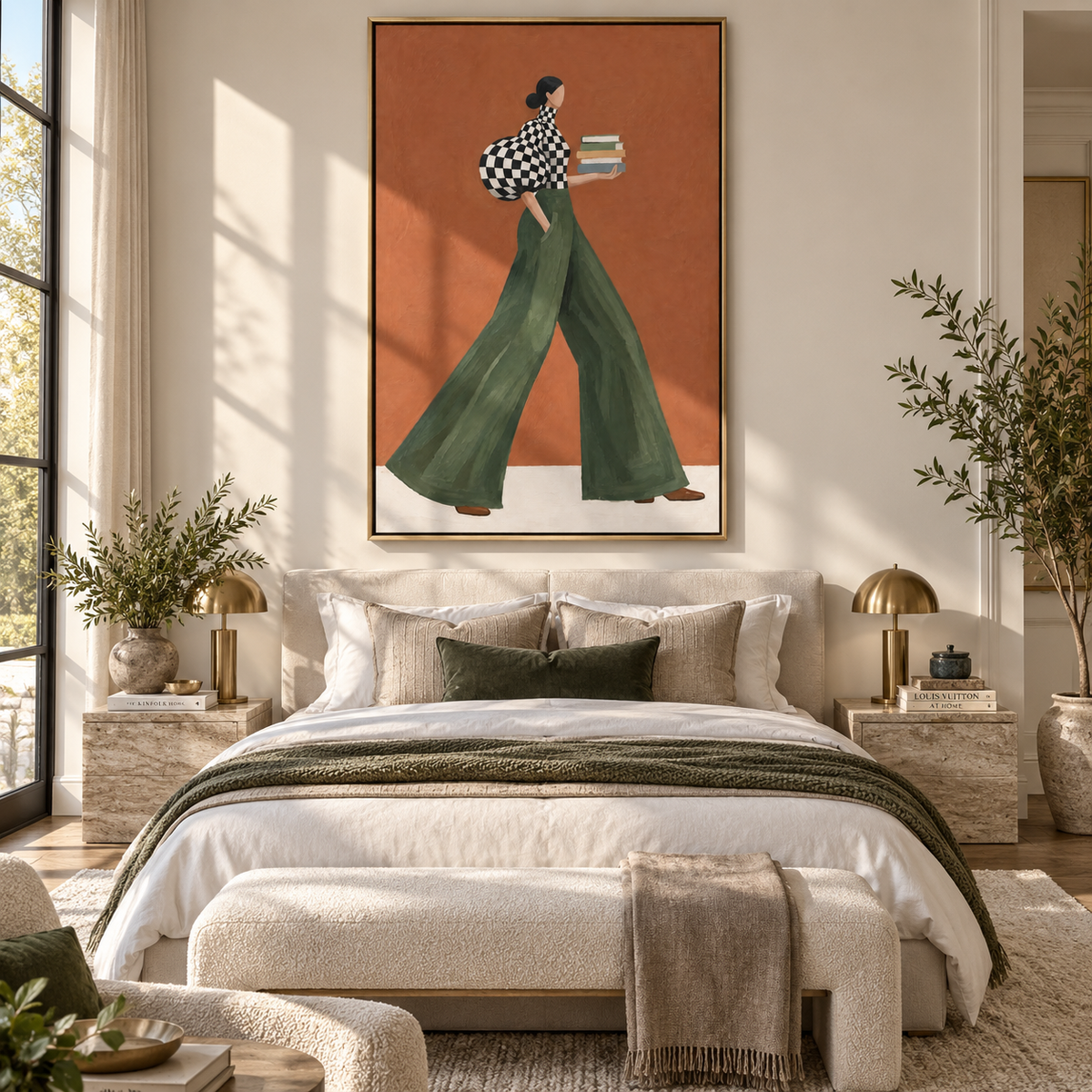 Checkered Books at Sunset – vertical fashion wall art styled with contemporary furnishings
