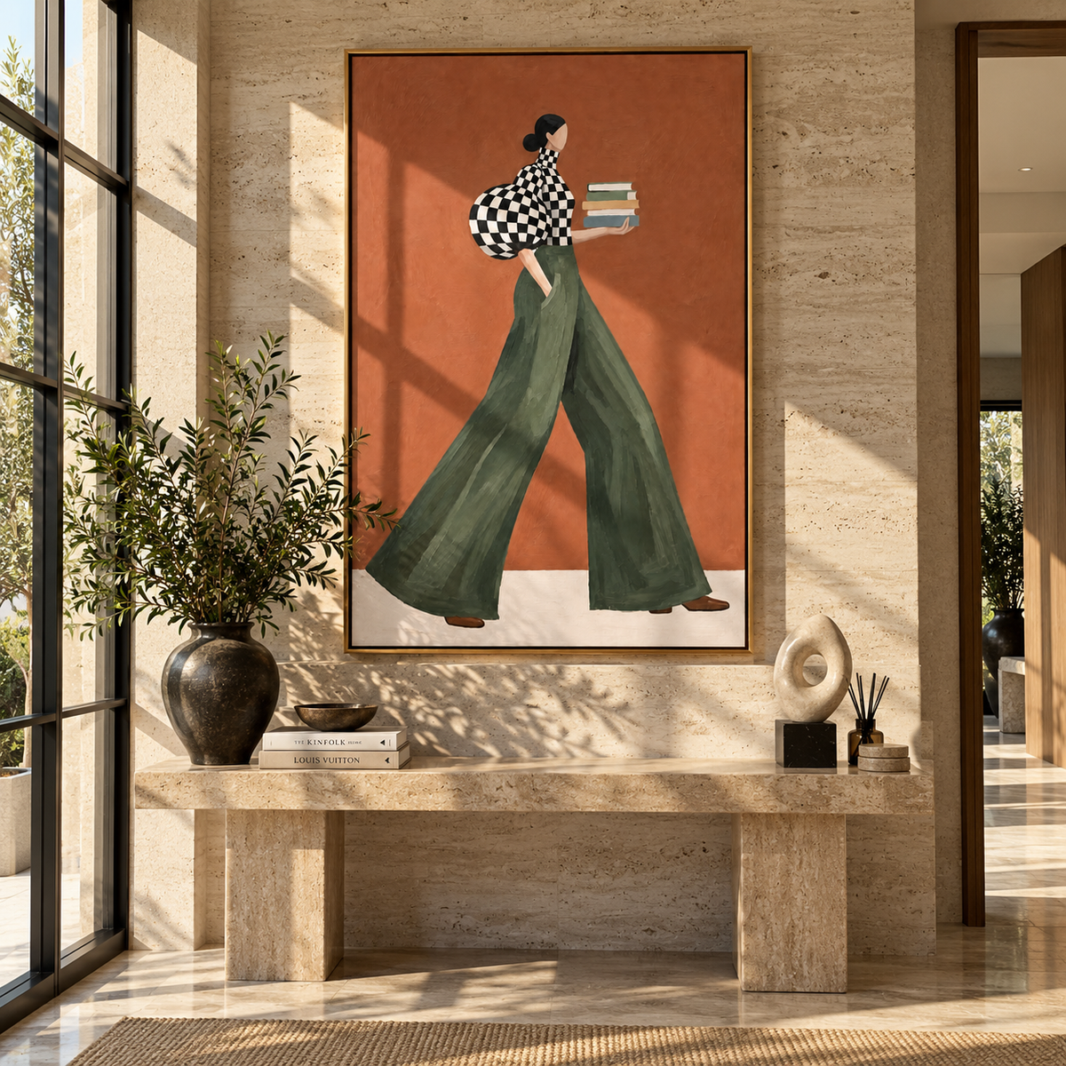 Checkered Books at Sunset – mid-century woman painting displayed in a refined interior