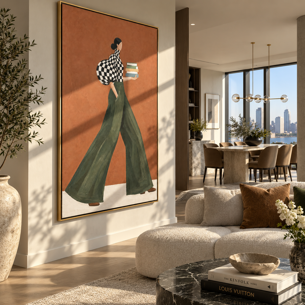 Checkered Books at Sunset – textured vertical portrait presented in a coordinated room
