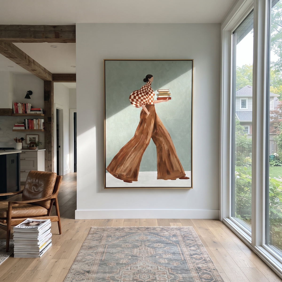 Checked Pages in Motion – woman in a red-and-cream checkered blouse and warm brown trousers walking with a stack of books, displayed in a styled contemporary interior