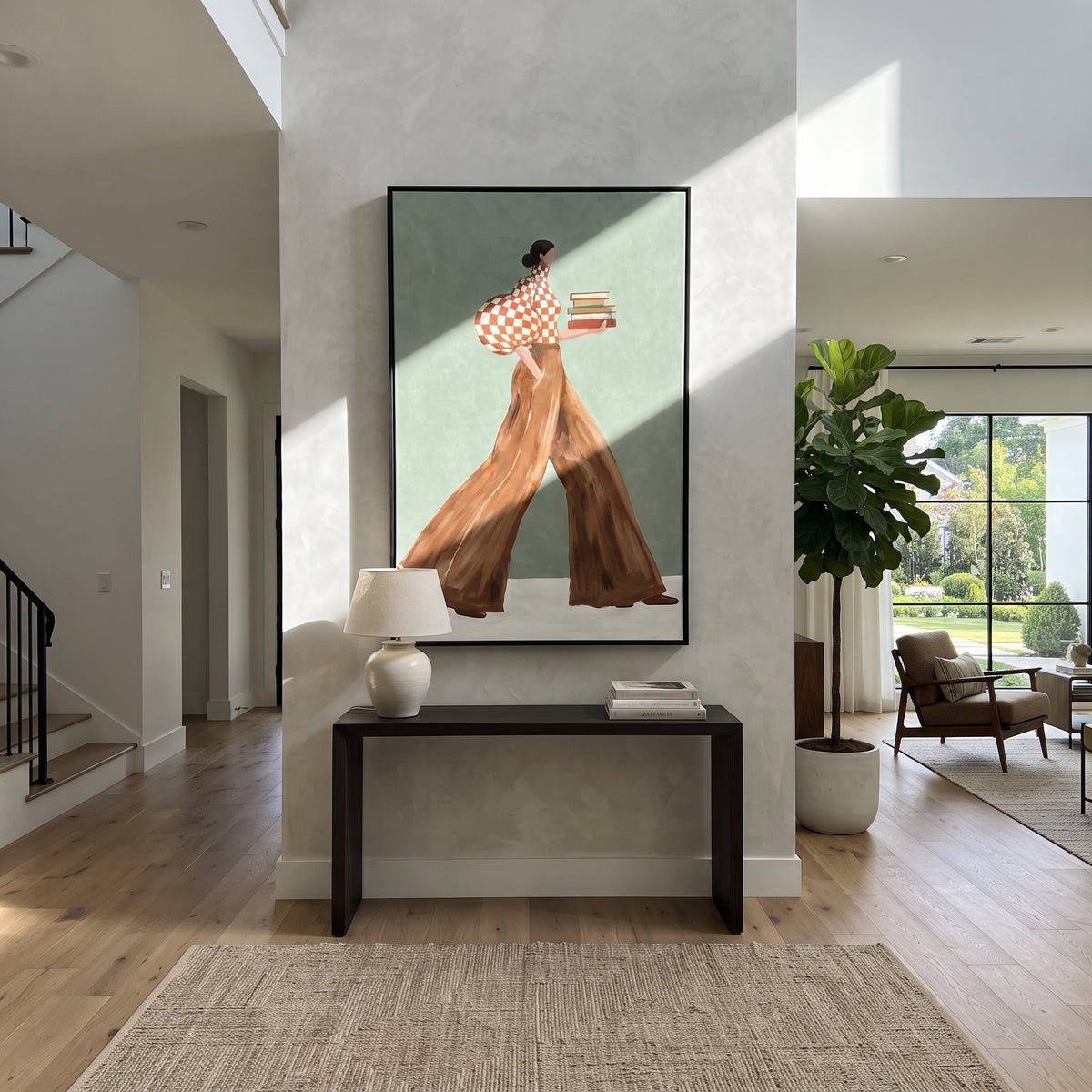 Checked Pages in Motion – textured woman artwork shown in an alternate modern room
