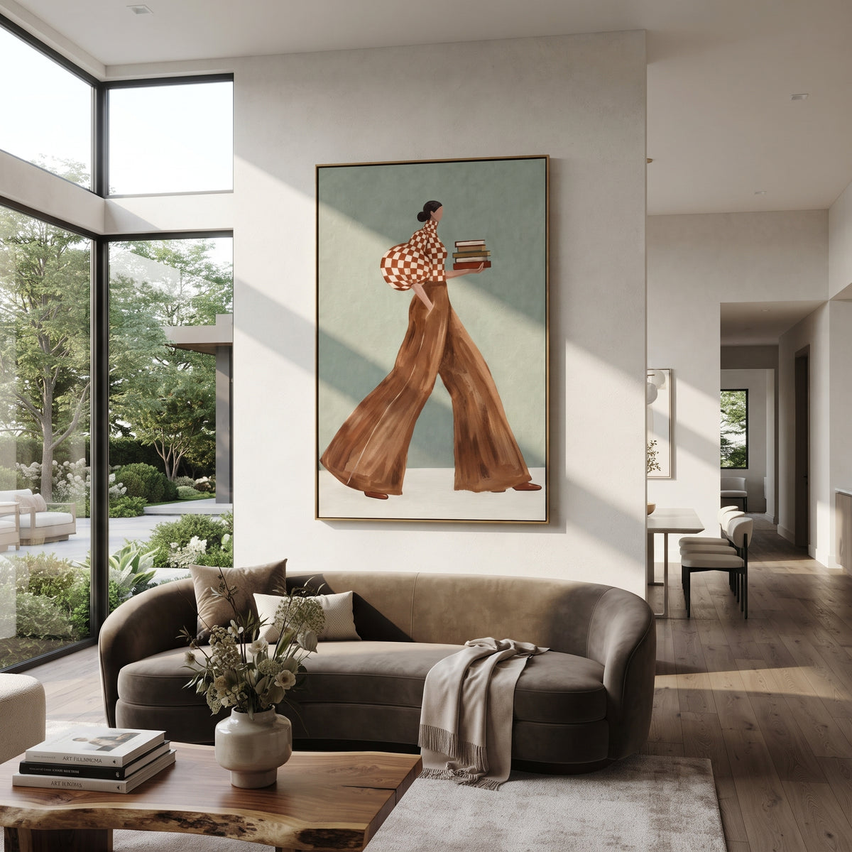 Checked Pages in Motion – vertical fashion wall art styled with contemporary furnishings