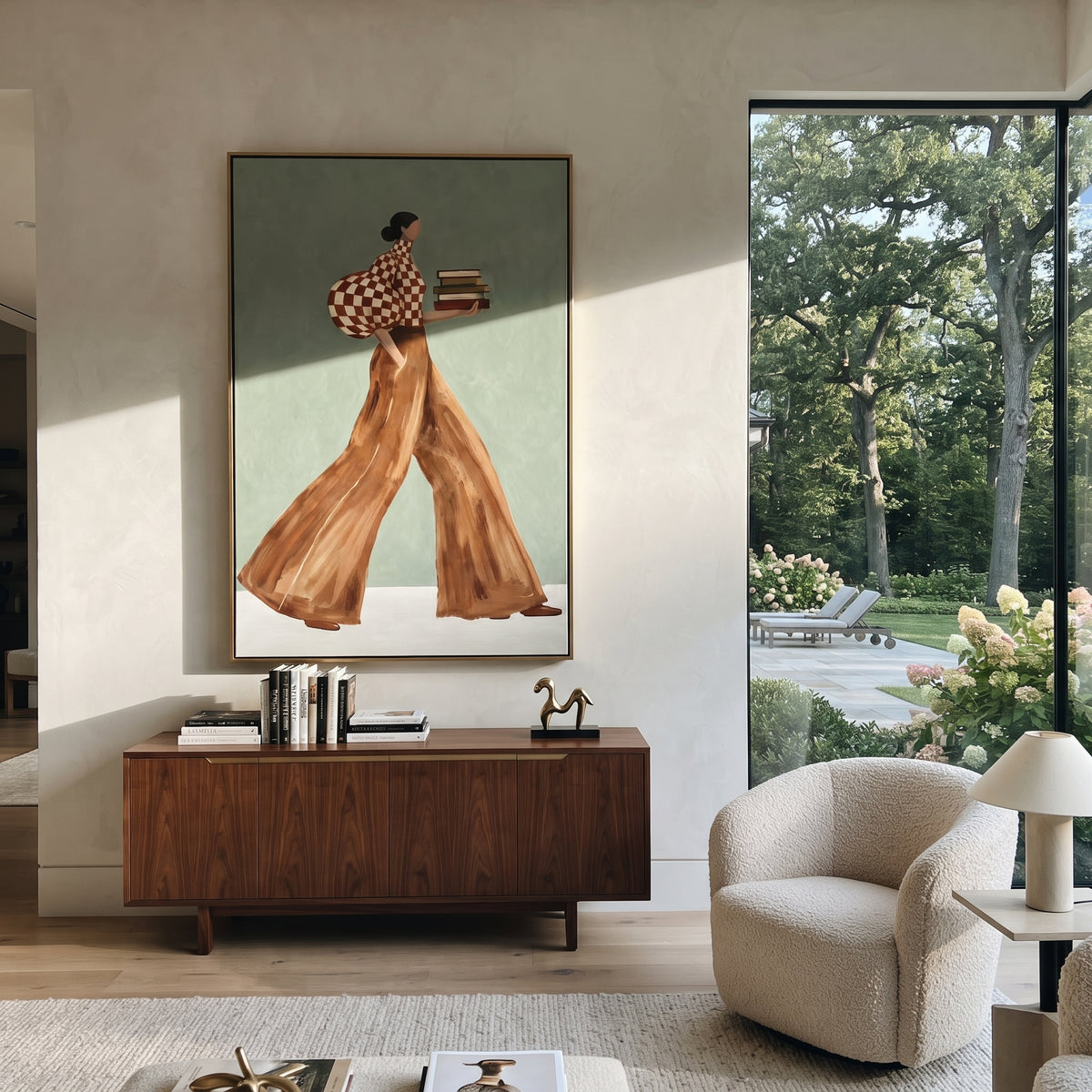 Checked Pages in Motion – textured vertical portrait presented in a coordinated room