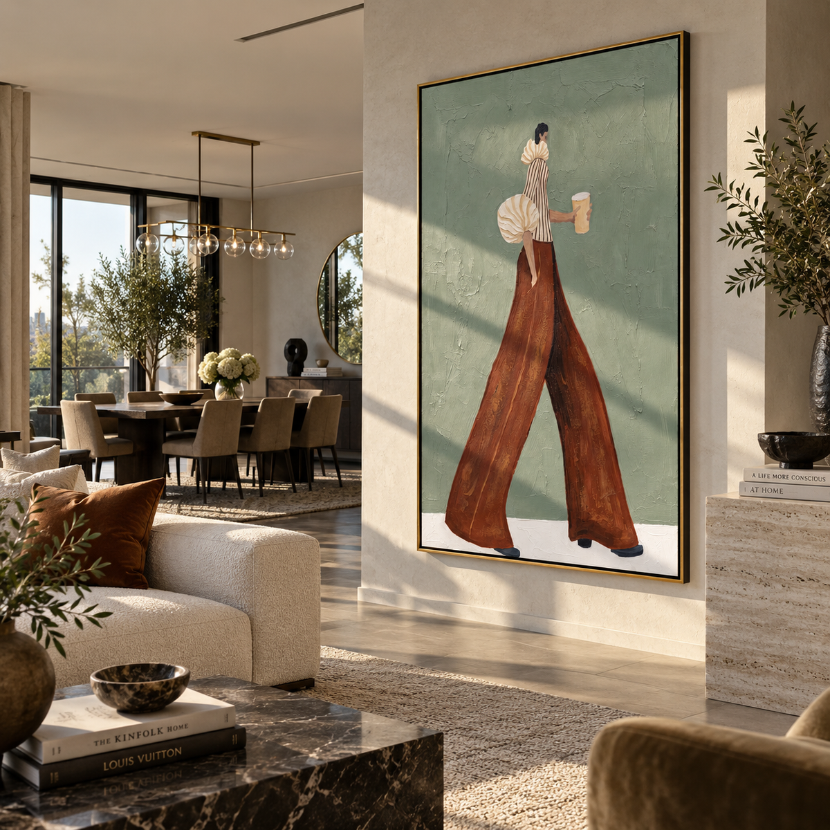 Coffee Through Soft Sage – woman in a pale striped blouse and deep rust trousers moving across a soft sage field with a coffee cup, displayed in a styled contemporary interior