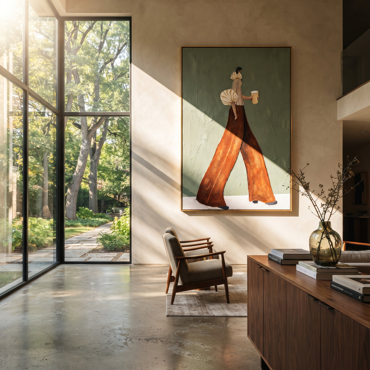 Coffee Through Soft Sage – textured woman artwork shown in an alternate modern room