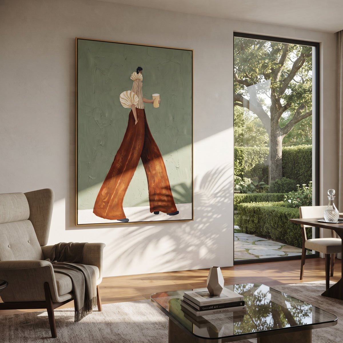 Coffee Through Soft Sage – vertical fashion wall art styled with contemporary furnishings
