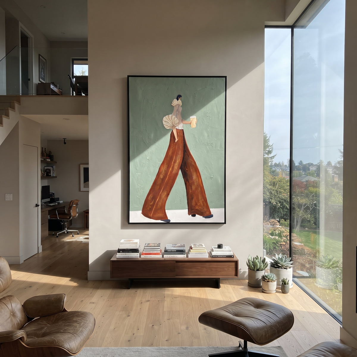 Coffee Through Soft Sage – mid-century woman painting displayed in a refined interior