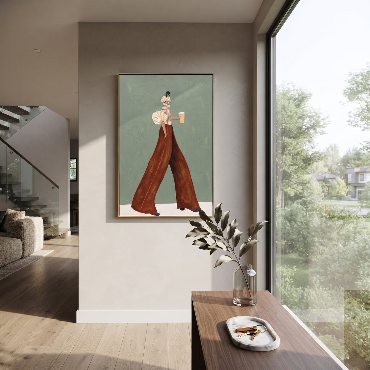 Coffee Through Soft Sage – textured vertical portrait presented in a coordinated room