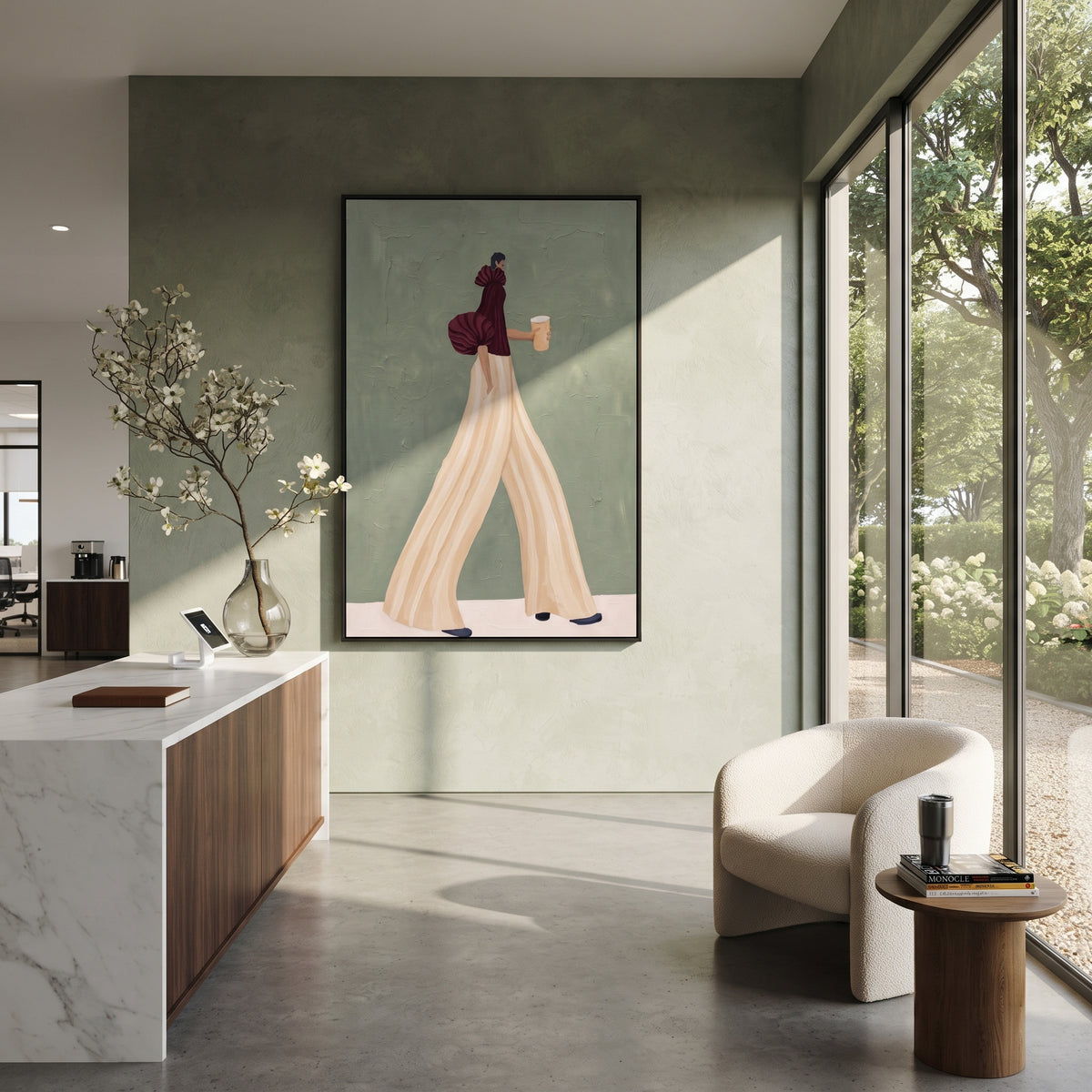 Burgundy Sleeve Ivory Steps – vertical fashion wall art styled with contemporary furnishings