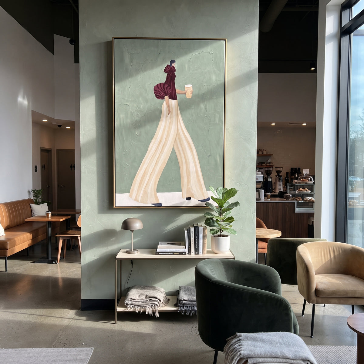Burgundy Sleeve Ivory Steps – mid-century woman painting displayed in a refined interior