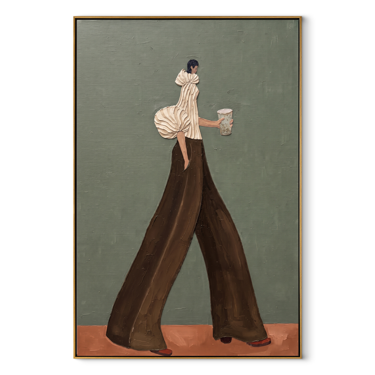 Chocolate Steps Grey Morning – vertical retro fashion painting in a wood frame on white