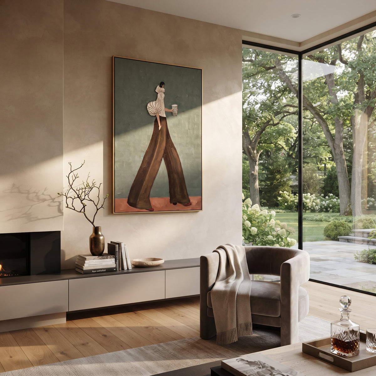 Chocolate Steps Grey Morning – textured woman artwork shown in an alternate modern room