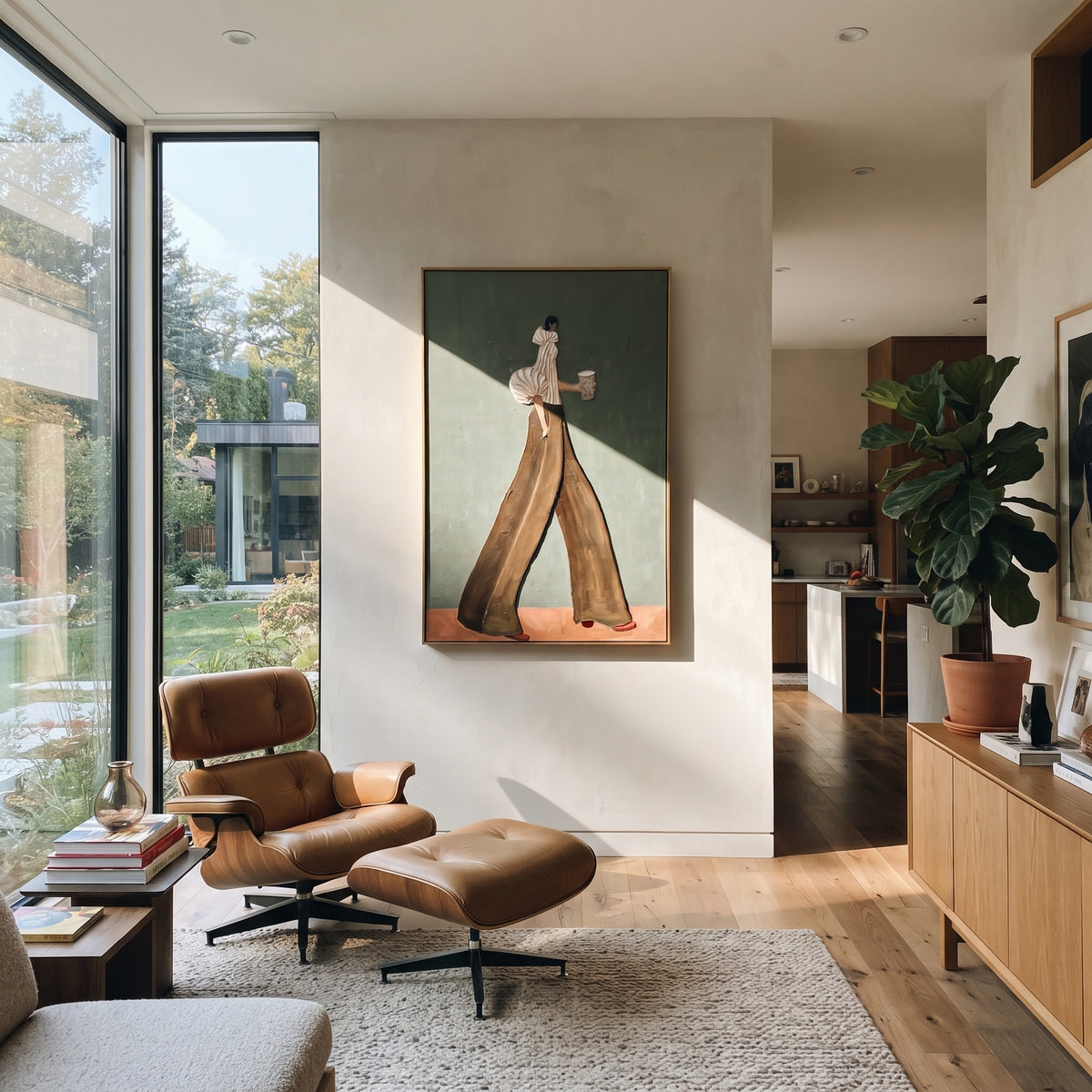 Chocolate Steps Grey Morning – mid-century woman painting displayed in a refined interior