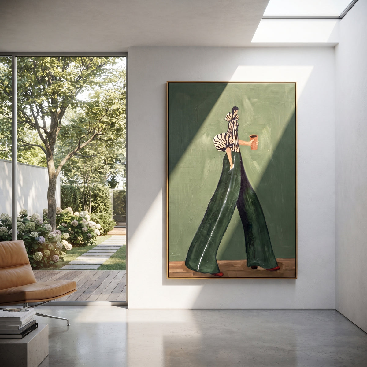Forest Stripes Coffee Walk – woman in a black-and-white striped blouse and deep forest trousers carrying an orange coffee cup, displayed in a styled contemporary interior