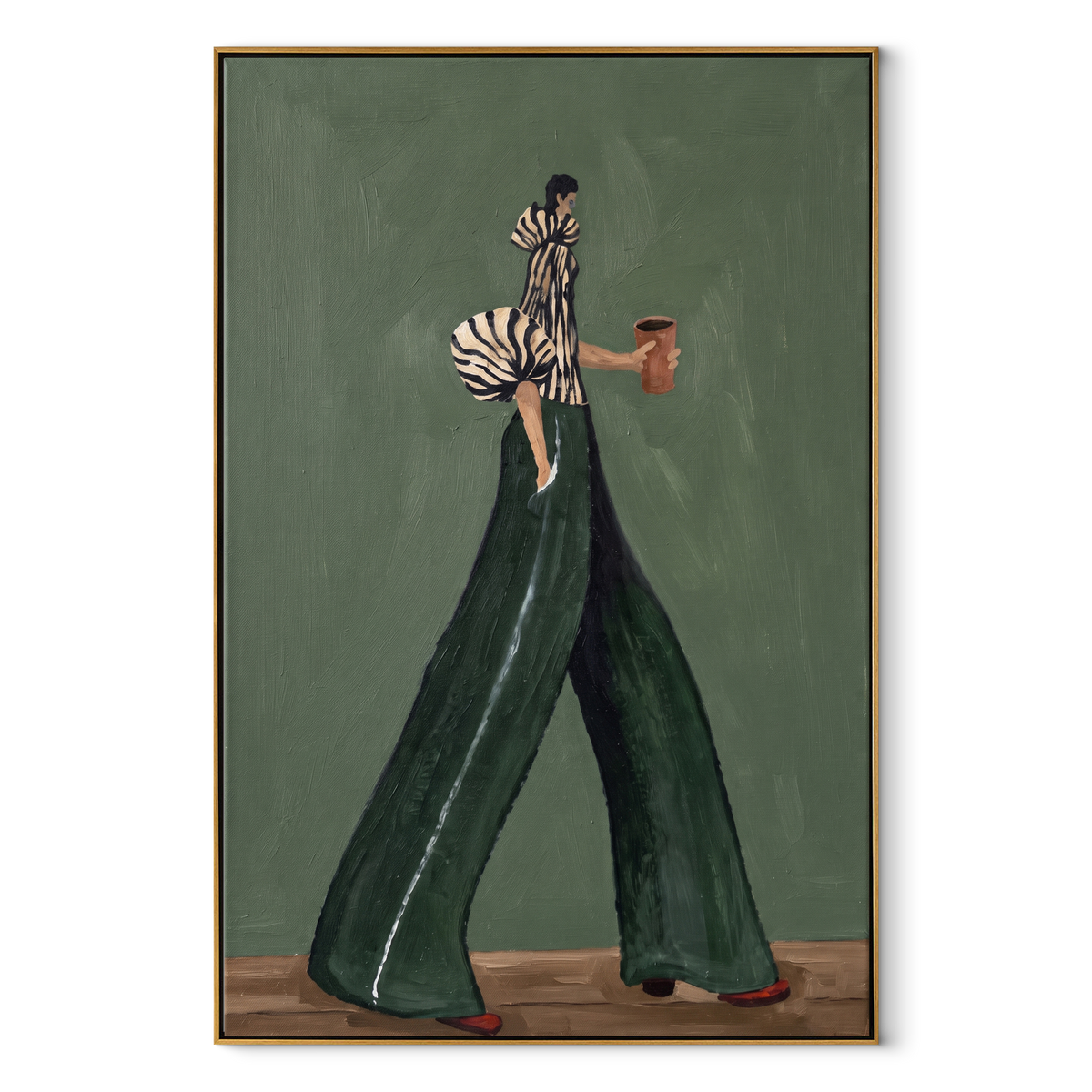 Forest Stripes Coffee Walk – vertical retro fashion painting in a wood frame on white