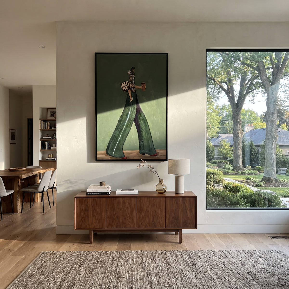 Forest Stripes Coffee Walk – mid-century woman painting displayed in a refined interior