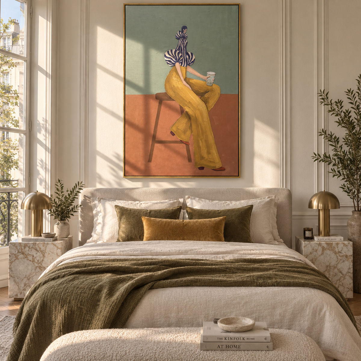 Mustard Pause with Coffee – seated woman in a striped head wrap and blouse with mustard trousers, resting on a simple stool with a coffee cup, displayed in a styled contemporary interior