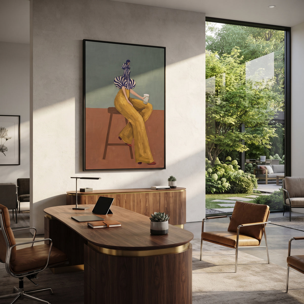 Mustard Pause with Coffee – vertical fashion wall art styled with contemporary furnishings
