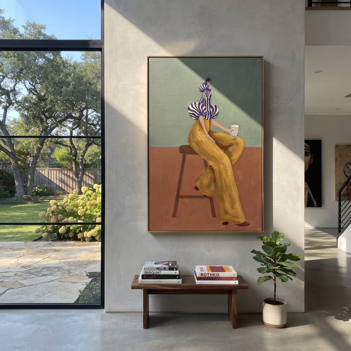 Mustard Pause with Coffee – mid-century woman painting displayed in a refined interior
