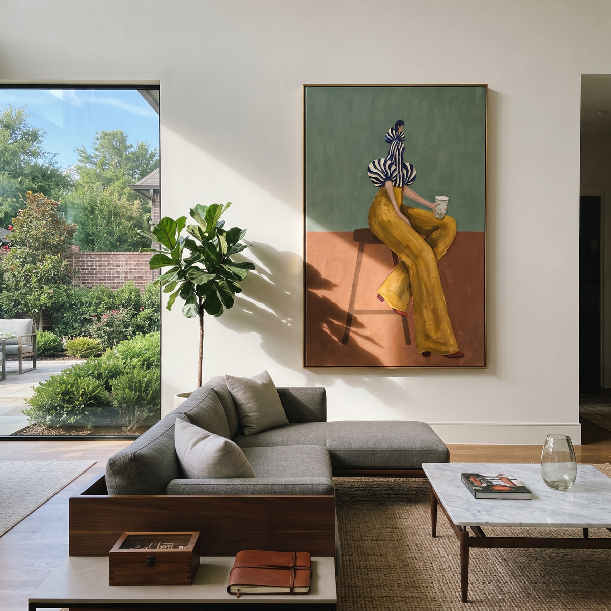 Mustard Pause with Coffee – textured vertical portrait presented in a coordinated room