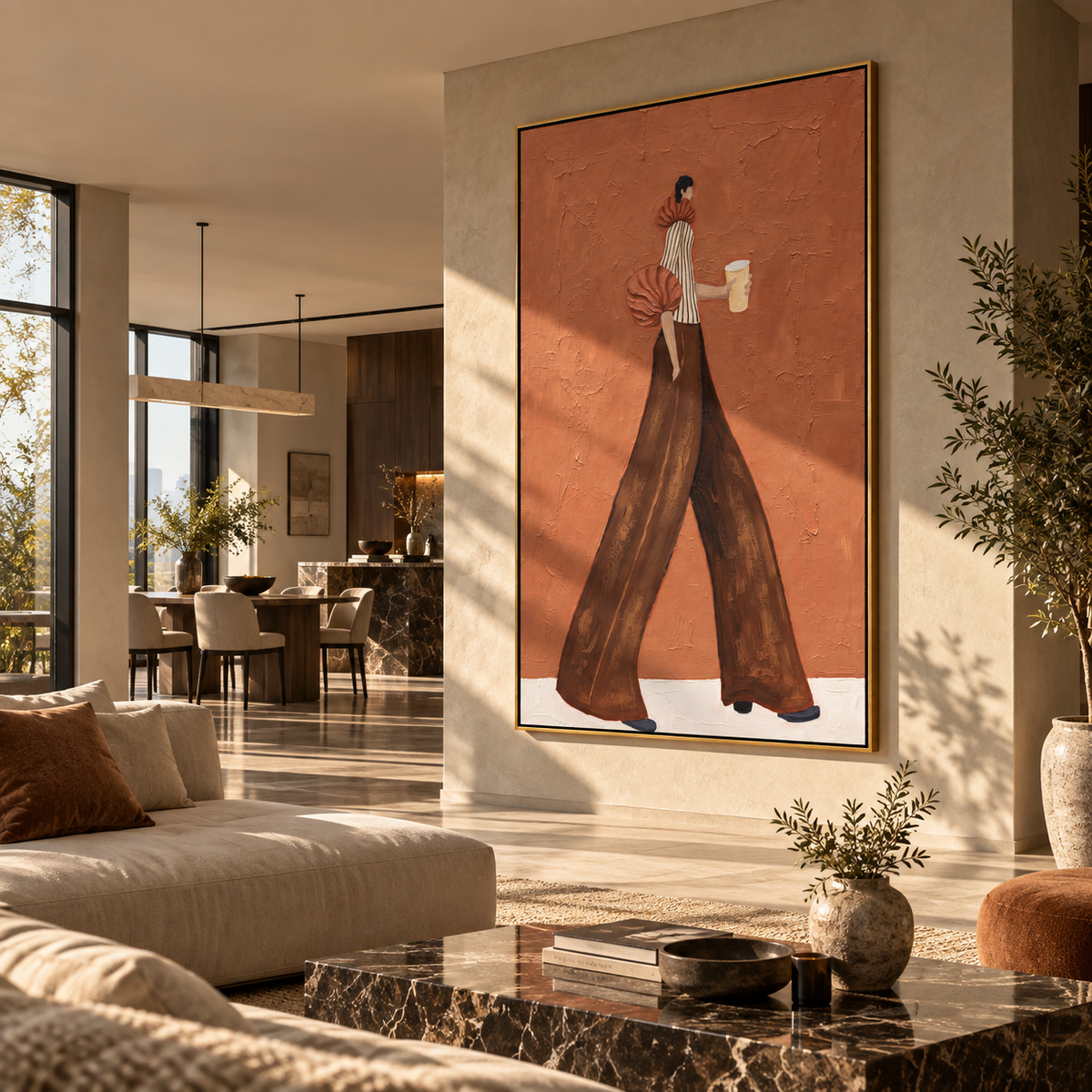 Terracotta Street Coffee – woman in a narrow striped blouse and sweeping chocolate trousers walking with a white coffee cup, displayed in a styled contemporary interior