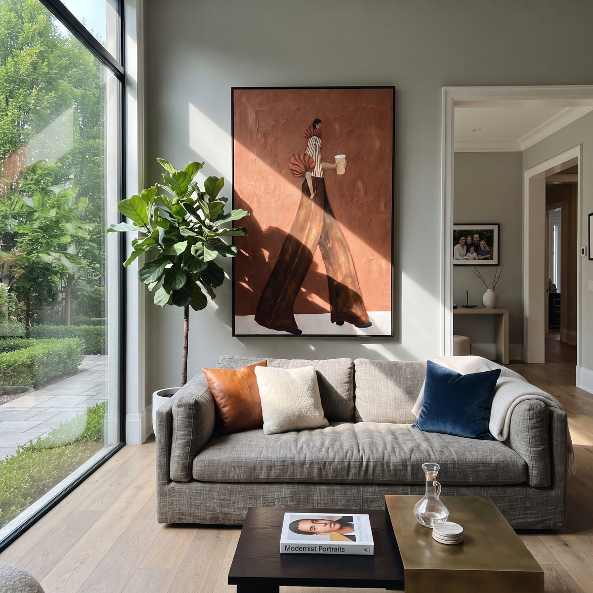 Terracotta Street Coffee – textured woman artwork shown in an alternate modern room