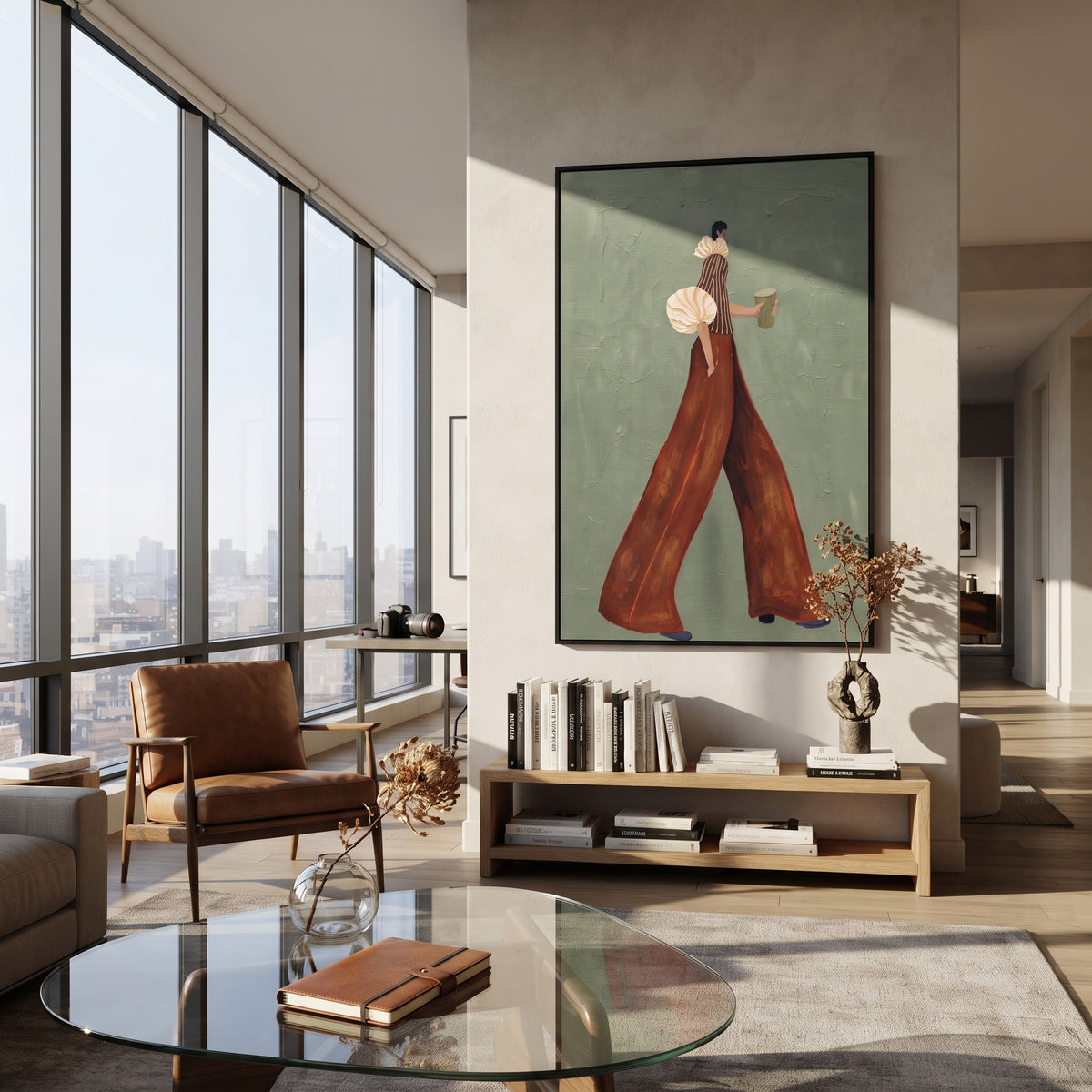 Rust Steps on Sage – woman in an ivory puff-sleeve blouse and rust palazzo trousers carrying a muted green coffee cup, displayed in a styled contemporary interior
