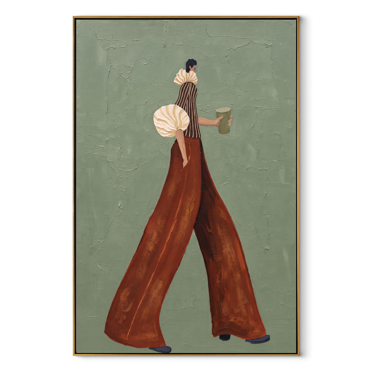 Rust Steps on Sage – vertical retro fashion painting in a wood frame on white