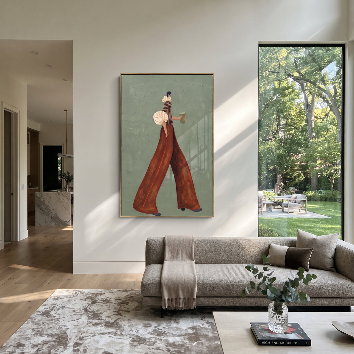 Rust Steps on Sage – textured woman artwork shown in an alternate modern room